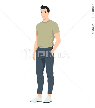 Vector illustration on a white background. A man in a light beige T-shirt and gray trousers, a relaxed pose emphasizing his confidence and style. Vector illustration on a white background. A man in a light beige T-shirt and gray trousers, a relaxed pose emphasizing his confidence and style. 119938813