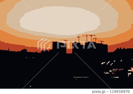 Silhouette of a big city on orange sunset. Silhouettes of high rise buildings and building cranes against yellow sky. Real estate of a metropolis. Silhouette of a big city on orange sunset. Silhouettes of high rise buildings and building cranes against yellow sky. Real estate of a metropolis. 119938970