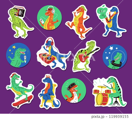 Vector sticker set with tyrannosaurs enjoying music, skateboarding, playing drums on a white background. Vector sticker set with tyrannosaurs enjoying music, skateboarding, playing drums on a white background. 119939155