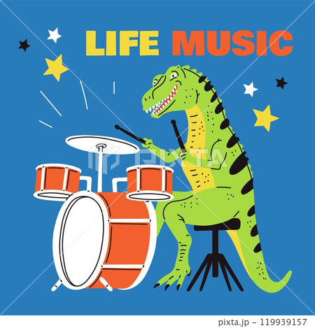 Dinosaur playing drums, vector cute dinosaur drummer play music, cartoon funny crocodile musician percussion instruments Dinosaur playing drums, vector cute dinosaur drummer play music, cartoon funny crocodile musician percussion instruments 119939157