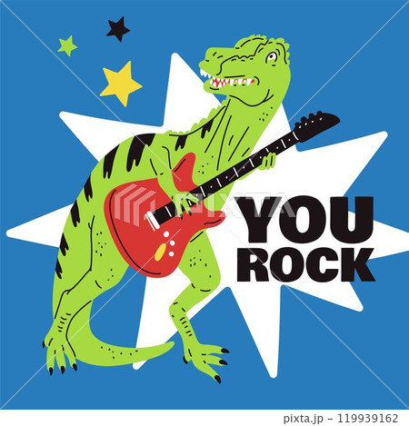 Vector graphics depicting an enthusiastic rock musician T. Rex, who plays the bass guitar. Vector graphics depicting an enthusiastic rock musician T. Rex, who plays the bass guitar. 119939162