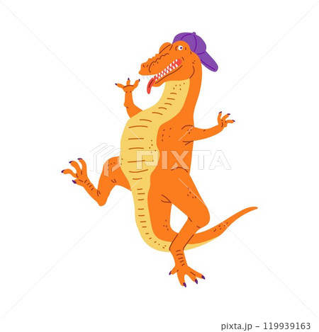 Cute dinosaur in baseball cap dancing, vector cartoon funny crocodile have fun on disco party music animal entertainment Cute dinosaur in baseball cap dancing, vector cartoon funny crocodile have fun on disco party music animal entertainment 119939163