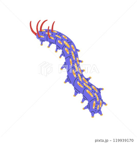 Cartoon spotted blue caterpillar red antennae top view vector icon, cute bug worm insect crawling doodle style drawn 119939170