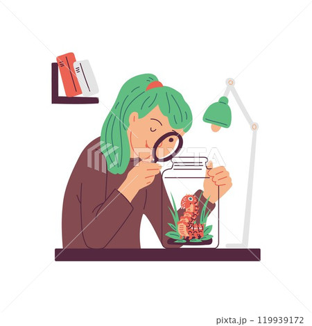 Girl looks through magnifying glass on spotted caterpillar in glass bottle, vector owner of worm insect pet doodle drawn 119939172