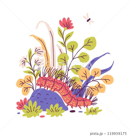 Cartoon fluffy caterpillar on colorful summer floral background, vector cute worm insect crawling doodle drawn with plants 119939175