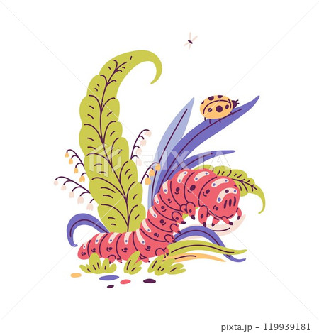 Cartoon caterpillar on colorful spring floral background, vector cute bug worm insect crawling doodle drawn with plants Cartoon caterpillar on colorful spring floral background, vector cute bug worm insect crawling doodle drawn with plants 119939181