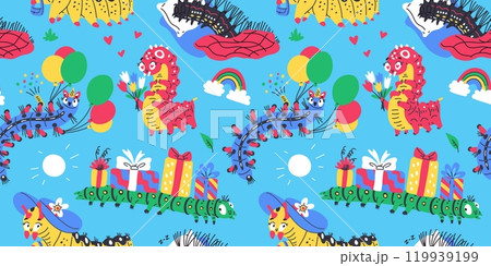 Cartoon bright vector seamless pattern with caterpillars, cute worm insect with tulips bouquet, gift boxes doodle drawn 119939199