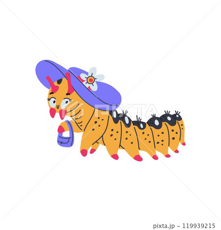 Cartoon pretty yellow caterpillar with fashion bag and hat decorated with flower, cute worm insect doodle style drawn 119939215