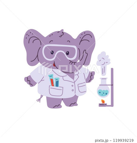 Vector cartoon elephant scientist with lab tubes of chemicals, making laboratory experiments by heating the chemical Vector cartoon elephant scientist with lab tubes of chemicals, making laboratory experiments by heating the chemical 119939219