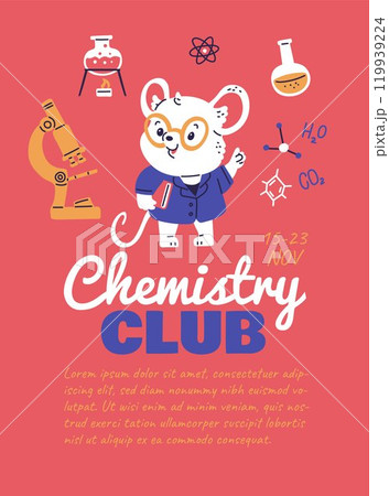 Cute mouse scientist in blue coat holds book, cartoon Chemistry club vector poster, animal rat and laboratory equipment Cute mouse scientist in blue coat holds book, cartoon Chemistry club vector poster, animal rat and laboratory equipment 119939224