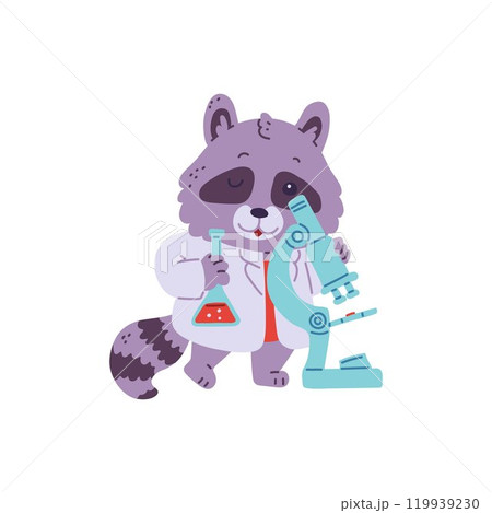 Cute racoon scientist with microscope and lab tube of chemical, vector cartoon animal laboratory biotechnology scientist Cute racoon scientist with microscope and lab tube of chemical, vector cartoon animal laboratory biotechnology scientist 119939230