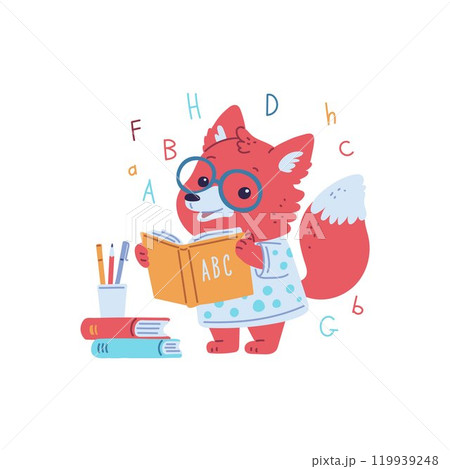 Vector illustration with the image of a cute fox in clothes and glasses, reading a book. Vector illustration with the image of a cute fox in clothes and glasses, reading a book. 119939248