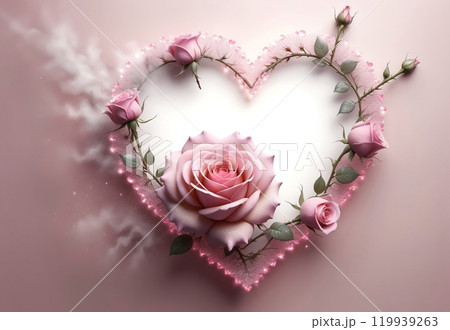 beautiful pink flowers roses and heart, symbol of love, clean empty space for text 119939263
