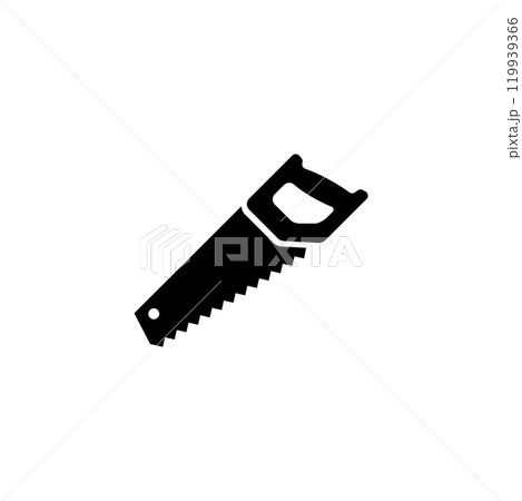 Black silhouette of a hand saw, a vector icon representing carpentry and woodworking 119939366