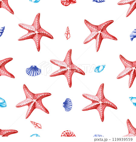 Seamless pattern with starfish and sea shells Watercolor illustration for fabric design, decoration of holidays in marine style, sea restaurants Seamless pattern with starfish and sea shells Watercolor illustration for fabric design, decoration of holidays in marine style, sea restaurants 119939559