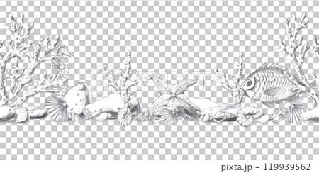 Seamless border with underwater inhabitants, corals and shells. Isolated pencil graphic illustration for postcards, textiles, restaurant decoration, invitations to a sea party, Seamless border with underwater inhabitants, corals and shells. Isolated pencil graphic illustration for postcards, textiles, restaurant decoration, invitations to a sea party, 119939562