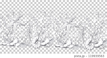 Seamless border with underwater inhabitants. Isolated pencil graphic illustration for postcards, textiles, restaurant decoration, invitations to a sea party, Seamless border with underwater inhabitants. Isolated pencil graphic illustration for postcards, textiles, restaurant decoration, invitations to a sea party, 119939563