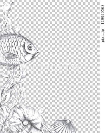 Vertical corner blank for menu or bar card of seafood restaurant with fish. Isolated pencil graphic illustration for postcards, invitations to sea party Vertical corner blank for menu or bar card of seafood restaurant with fish. Isolated pencil graphic illustration for postcards, invitations to sea party 119939568