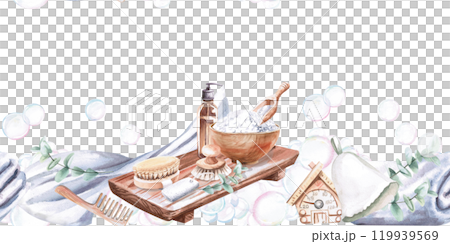 Seamless border with dispenser, sea salt. Isolated watercolor illustration for SPA complexes design, sauna certificates, printing on towels and robes 119939569