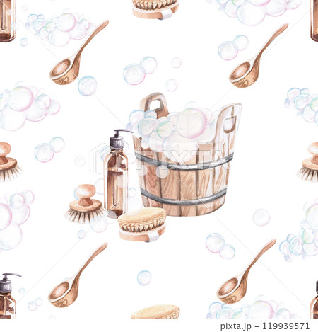 Seamless pattern with a tub and soap bubbles. Watercolor illustration on a white background for the design of SPA complexes, certificates for visiting a sauna, printing on towels and robes Seamless pattern with a tub and soap bubbles. Watercolor illustration on a white background for the design of SPA complexes, certificates for visiting a sauna, printing on towels and robes 119939571