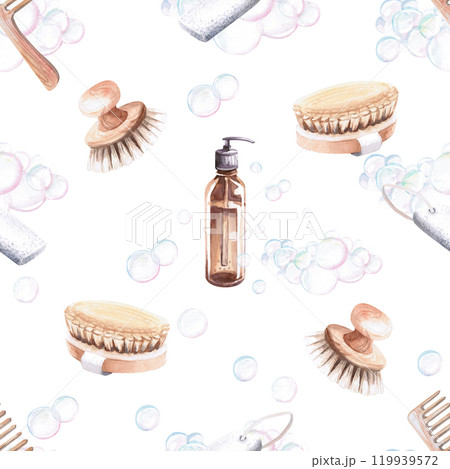 Seamless pattern with dispenser and soap bubbles. Watercolor illustration on white background for design of SPA complexes, certificates for visiting sauna, printing on towels and robes Seamless pattern with dispenser and soap bubbles. Watercolor illustration on white background for design of SPA complexes, certificates for visiting sauna, printing on towels and robes 119939572