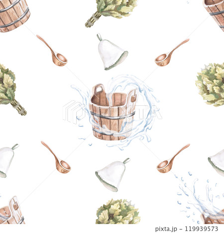 Seamless pattern on the theme of a bathhouse. Watercolor illustration on a white background for the design of SPA, polygraphic products, certificates for visiting a sauna, printing on towels and robes 119939573