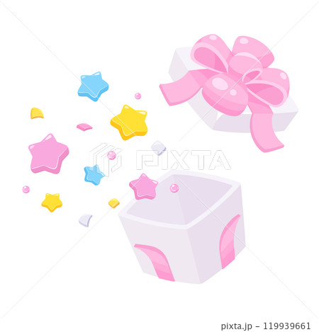 かわいいプレゼントの箱から中身が飛び出すイラスト_ピンクのリボンと白い箱 119939661