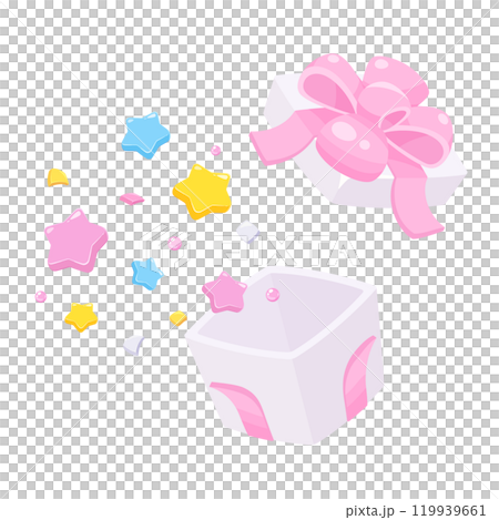 かわいいプレゼントの箱から中身が飛び出すイラスト_ピンクのリボンと白い箱 119939661