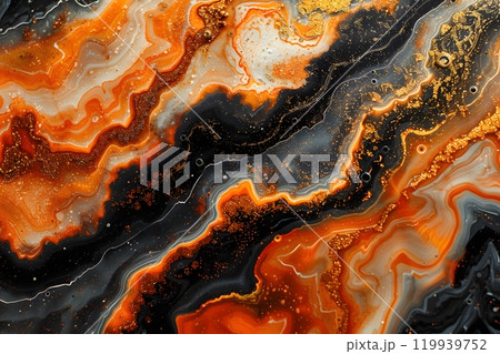 Abstract Fluid Art with Marbled Orange, Black, and Gold Patterns for Creative Design Generative AI 119939752