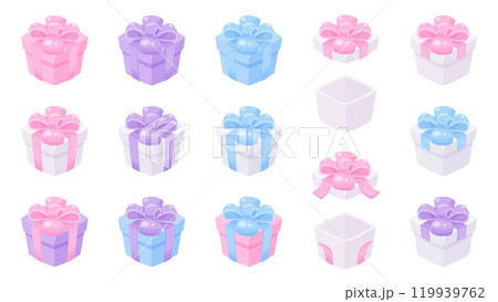 パステルカラーのかわいいプレゼントの箱のイラスト素材セット パステルカラーのかわいいプレゼントの箱のイラスト素材セット 119939762