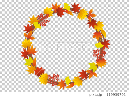 A circular frame illustration of leaves and fruits with the image of autumn leaves A circular frame illustration of leaves and fruits with the image of autumn leaves 119939791