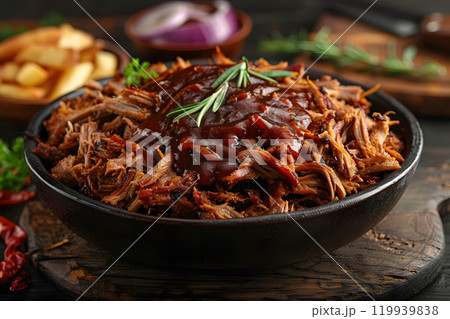 Delicious Slow-Cooked Pulled Pork with BBQ Sauce and Fresh Herbs Generative AI 119939838