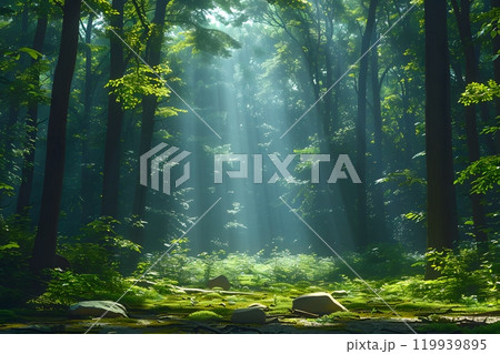Sunlight Filtering Through Serene Forest Canopy in Lush Woodland Generative AI Sunlight Filtering Through Serene Forest Canopy in Lush Woodland Generative AI 119939895