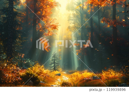 Sunlit Autumn Forest Pathway with Golden Foliage in Tranquil Woodland Generative AI 119939896