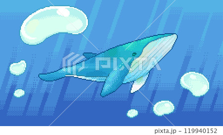 日光が差し込む幻想的な海をゆったりと泳ぐクジラと泡のフレームのドット絵  119940152