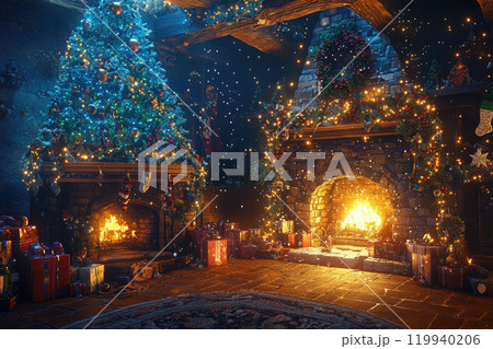 Magical illustration of a living room decorated for Christmas with a tree, gifts and a fireplace Magical illustration of a living room decorated for Christmas with a tree, gifts and a fireplace 119940206