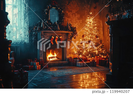 Magical illustration of a living room decorated for Christmas with a tree, gifts and a fireplace 119940207