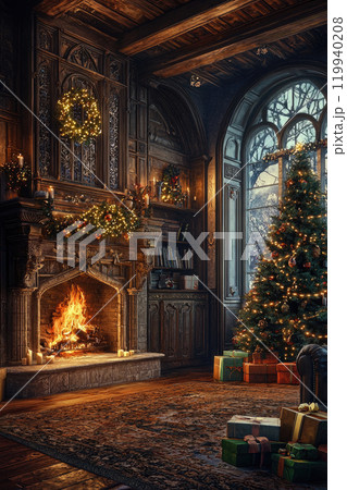 Magical illustration of a living room decorated for Christmas with a tree, gifts and a fireplace Magical illustration of a living room decorated for Christmas with a tree, gifts and a fireplace 119940208