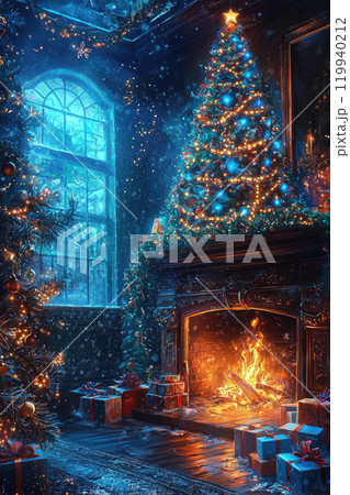 Magical illustration of a living room decorated for Christmas with a tree, gifts and a fireplace 119940212