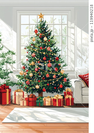 Christmas decoration with tree, gifts and fireplace in a very elegant white living room Christmas decoration with tree, gifts and fireplace in a very elegant white living room 119940218