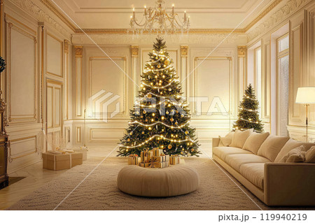Christmas decoration with tree, gifts and fireplace in a very elegant white living room 119940219