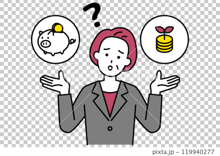 A middle-aged woman in a suit wondering whether to save or invest A middle-aged woman in a suit wondering whether to save or invest 119940277