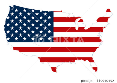 United States silhouette with pattern of the national flag. The Stars and Stripes motif, also called Old Glory, or Star-Spangled Banner inserted into the outline of the USA. Isolated illustration. United States silhouette with pattern of the national flag. The Stars and Stripes motif, also called Old Glory, or Star-Spangled Banner inserted into the outline of the USA. Isolated illustration. 119940452