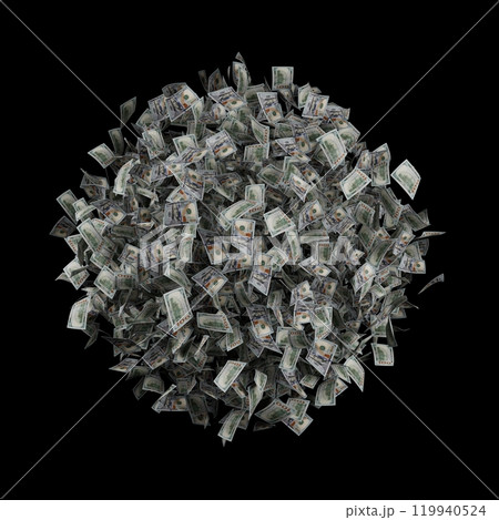 Sphere made up of hundreds of floating dollar bills, suspended against a black background. Represents wealth, abundance, finance, and economic power. 3D render 119940524