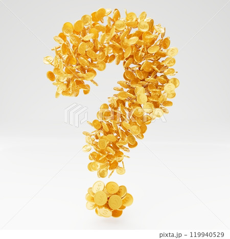 Golden coins forming a large 3D question mark shape, floating against a clean white background. The coins are shiny and arranged in a scattered yet structured pattern. 3D render Golden coins forming a large 3D question mark shape, floating against a clean white background. The coins are shiny and arranged in a scattered yet structured pattern. 3D render 119940529