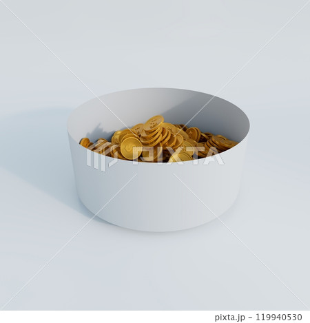 White bowl filled with shiny gold coins featuring dollar signs, placed on a light gray background. The coins are neatly stacked and give a sense of wealth, savings, or financial abundance. 3D render 119940530