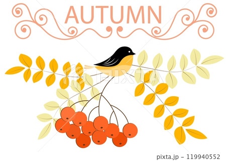 Autumn mood. The inscription Autumn, bird, rowan. Autumn collection. Autumn mood. The inscription Autumn, bird, rowan. Autumn collection. 119940552