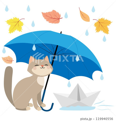 Autumn mood. Cute kitten with an umbrella in the rain surrounded by autumn leaves. Autumn collection. Autumn mood. Cute kitten with an umbrella in the rain surrounded by autumn leaves. Autumn collection. 119940556