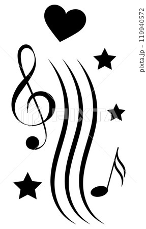 Music design. Wave, heart, treble clef and musical notes. For concert, music, stickers, t-shirts. 119940572
