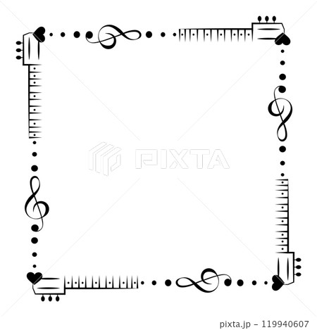 Music design. Square music frame. Treble clef, guitar and heart. For concert, music, award certificates. 119940607